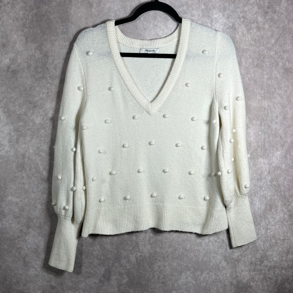 Madewell Bobble Dashwood V-Neck Sweater Womens Small Ivory Knit‎ Wool Blend